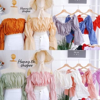 ♡พร้อมส่ง♡ Hunny.th เสื้อครอปแขนยาวปาดไหล่ สีพาสเทล~ เสื้อยืด เสื้อผ้า เสื้อ Y2K เสื้อแฟชั่น เสื้อแขนยาว เสื้อต่อแขน