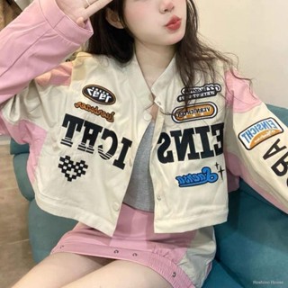 🔥ส่งฟรีจ้า🔥❗มีสินค้าพร้อมส่งเลยจ้า❗🏁💗🤍เสื้อแจ็คเก็ตเบสบอลสีครีม - ชมพู สไตล์นักแข่งรถ🏁💗🤍