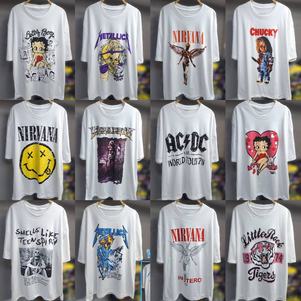เสื้อยืดวินเทจ สีขาว เสื้อโอเวอร์ไซส์ ผ้าคอตตอน อก44" ยาว28" ลายวง/ลายการ์ตูน ใส่ได้ทั้งผู้ชายและผู้หญิง