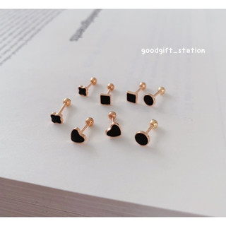 298-goodgift_station-silver S925 screw earrings จิวต่างหูรูปหัวใจ สี่เหลี่ยม วงกลม และใบโคลเวอร์ สีดำ