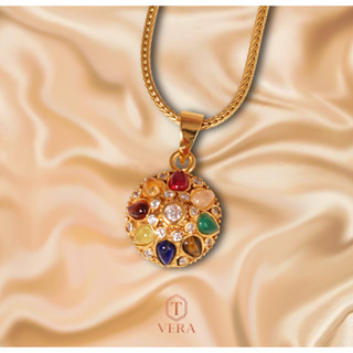 T vera - เครื่องประดับพลอยแท้ จี้สร้อยคอ Handcrafted เงินแท้ชุบทอง 22k ประดับพลอยคุณภาพดี รุ่นเพชรนพเก้า