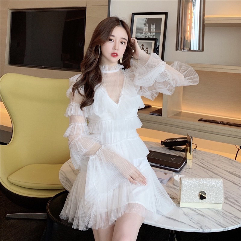 Fashion young เดรสสั้น ผ้าลูกไม้ลายจุด เนื้อนิ่ม มีซับในตัว ซิปหลัง - รูปที่ 2