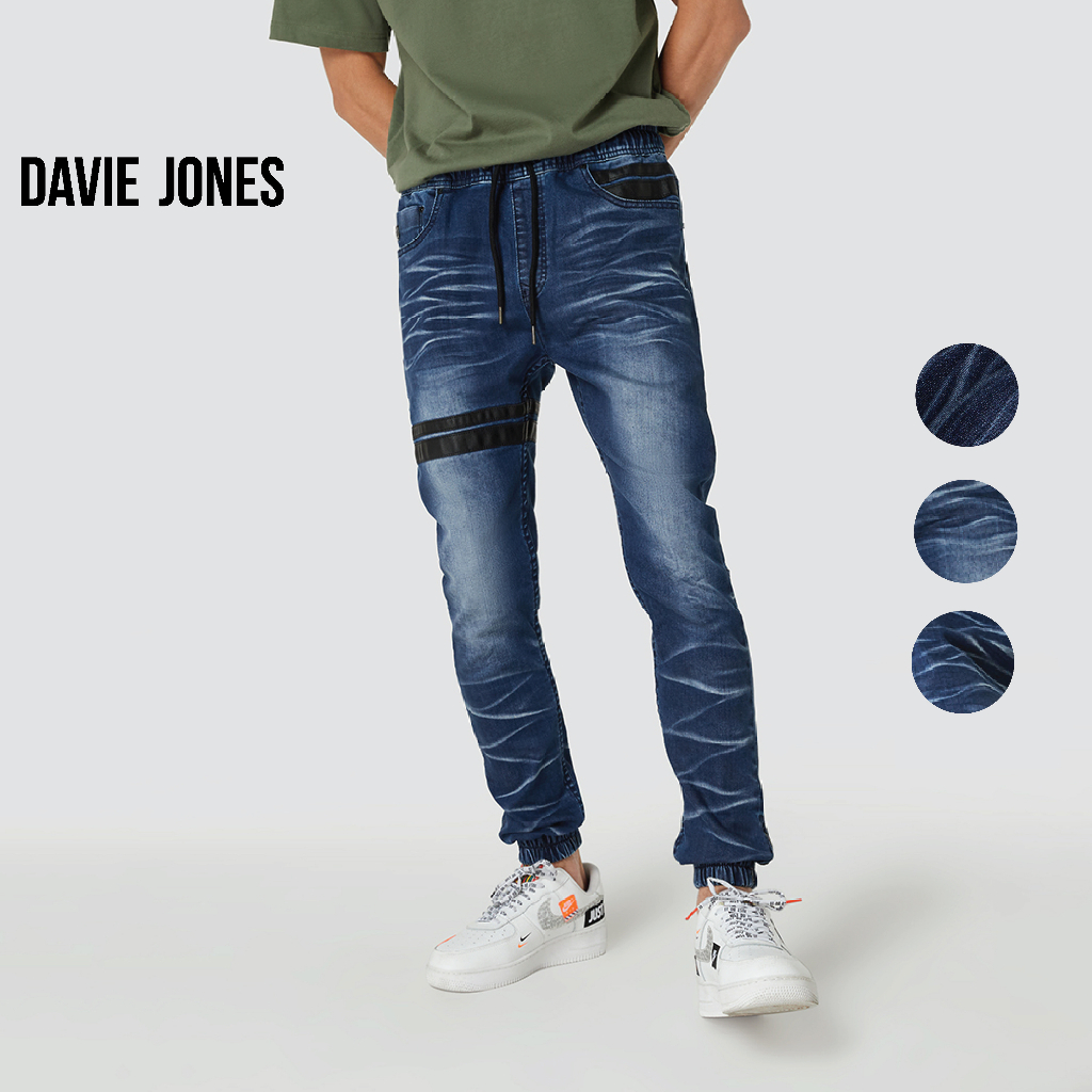 DAVIE JONES กางเกงจ็อกเกอร์ ยีนส์ เอวยางยืด Elastic Waist Denim Joggersy GP0121 สีฟ้า กรม