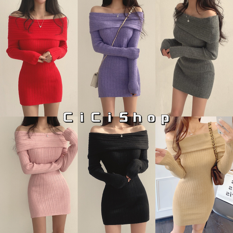 Cicishop(SALE 1466-7)Knitt dress เดรสสั้นไหมพรมปาดไหล่ เนื้อผ้าทอร่อง ผ้ายืดเก็บทรงสวยแบบปังง