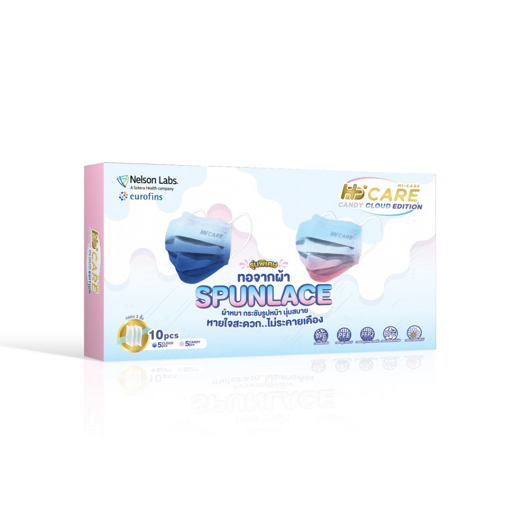 Hi-Care Premium Grade CANDY-CLOUD รุ่นผ้าทอพิเศษ จากผ้า Spunlace แผ่นกรอง 3 ชั้น ชนิดคล้องหู / 10 ชิ้น