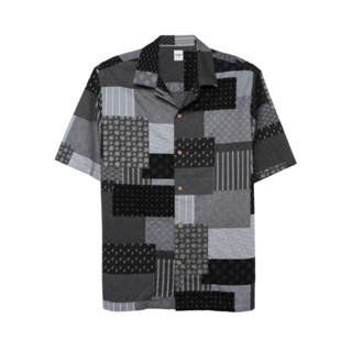 TAKEO KIKUCHI เสื้อเชิ้ต BLACK PATCHWORK OPEN COLLAR SHIRT