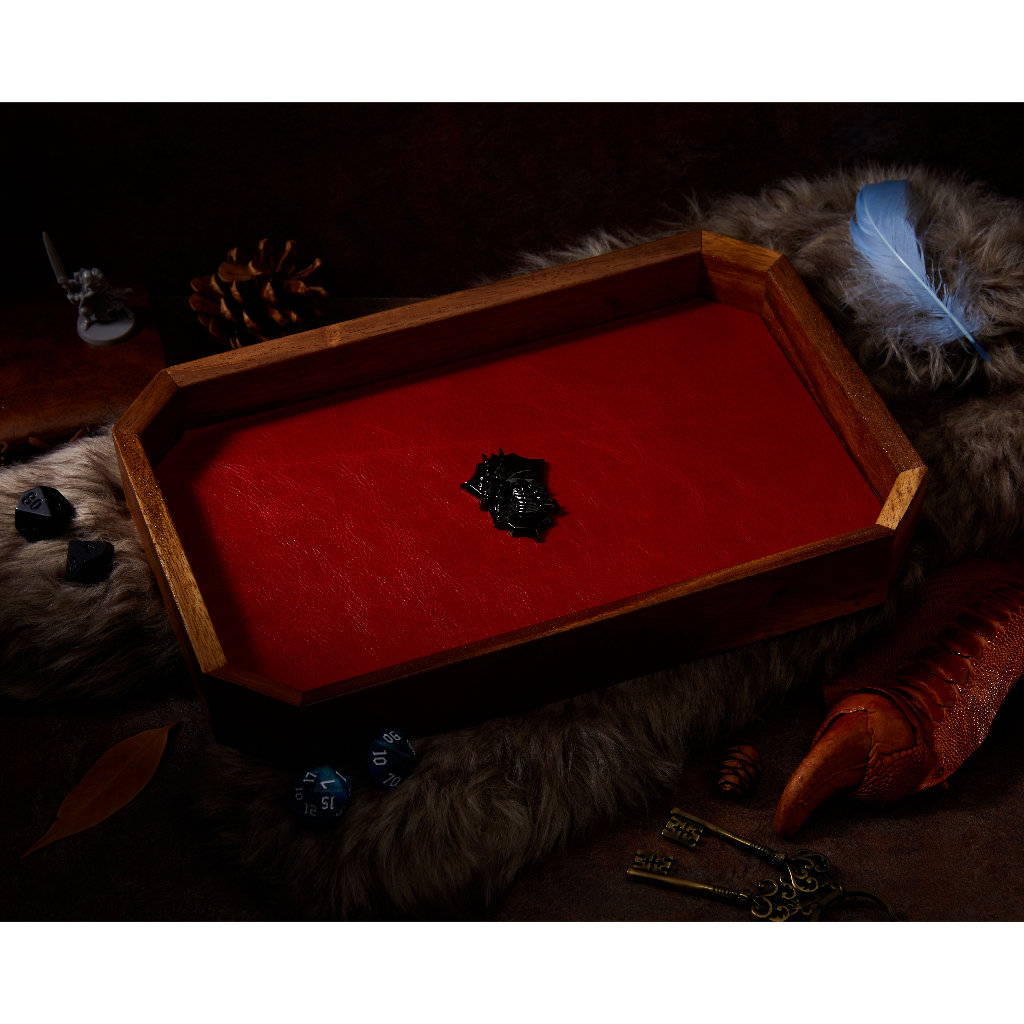 Dragon Shield Dice Tray | Red Leather & Metal Shield Black | Octagon Dice Tray | Genuine Leather | R