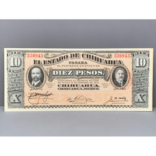 ธนบัตรรุ่นเก่าของประเทศเม็กซิโก ชนิด10Peso ปี1915 UNC