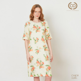 C&amp;D ชุดเดรส Linen Dress เดรสทรงเบสิก คอกลม แขนสามส่วน ผ้าลินินพรีเมี่ยมพิมพ์ Orange Tree (CWJJOR)