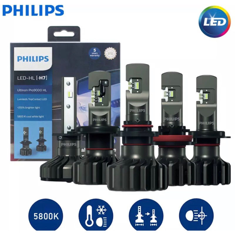 หลอดไฟหน้ารถยนต์LED  Philips Ultinon Pro9000 H1 H4 H7  H8 H11 H16 HB3 HB4 H1Rค่าสี5800Kสว่าง Up250%+Free T10 led philips