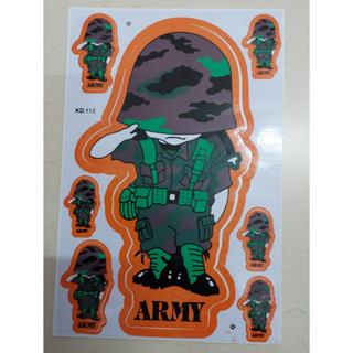 สติ๊กเกอร์ทหารบก Army สติกเกอร์การ์ตูนทหารบกลายพราง สติ๊กเกอร์ทหารทำความเคารพ ขอบสีส้ม