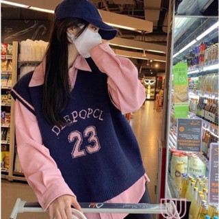 เสื้อกั๊กไหมพรมทอ คอวี ตัดขอบสี #23knit