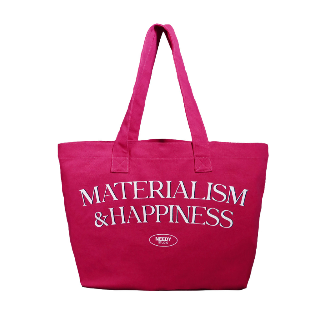 กระเป๋าผ้าแคนวาสพิมพ์ลาย MATERIALISM & HAPPINESS สีชมพู