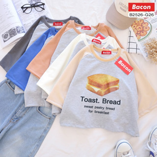 B2526 เสื้อครอป ทูโทน ผ้าเกล็ดปลา สกรีน Toast Bread