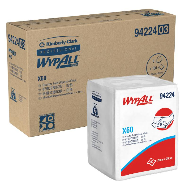 ผ้าเช็ดอุตสาหกรรม WYPALL X 60 Quarter Fold 1/4 Wipers สีขาว  บรรจุ 100 แผ่น/ห่อ x 8 ห่อ / ลัง ขายยกล