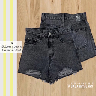 BabarryJeans กางเกงยีนส์ ผญ เอวสูง ขาสั้น สตรีท แต่งขาด สีดำสโนว