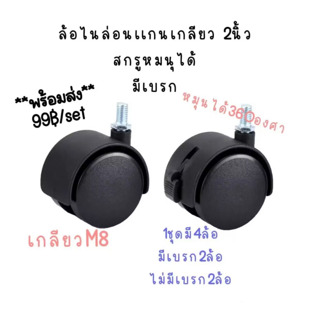 **พร้อมส่ง**ล้อไนล่อนเเกนเกลียว 2นิ้ว**ติดเบรก**1ชุดมี4ล้อ