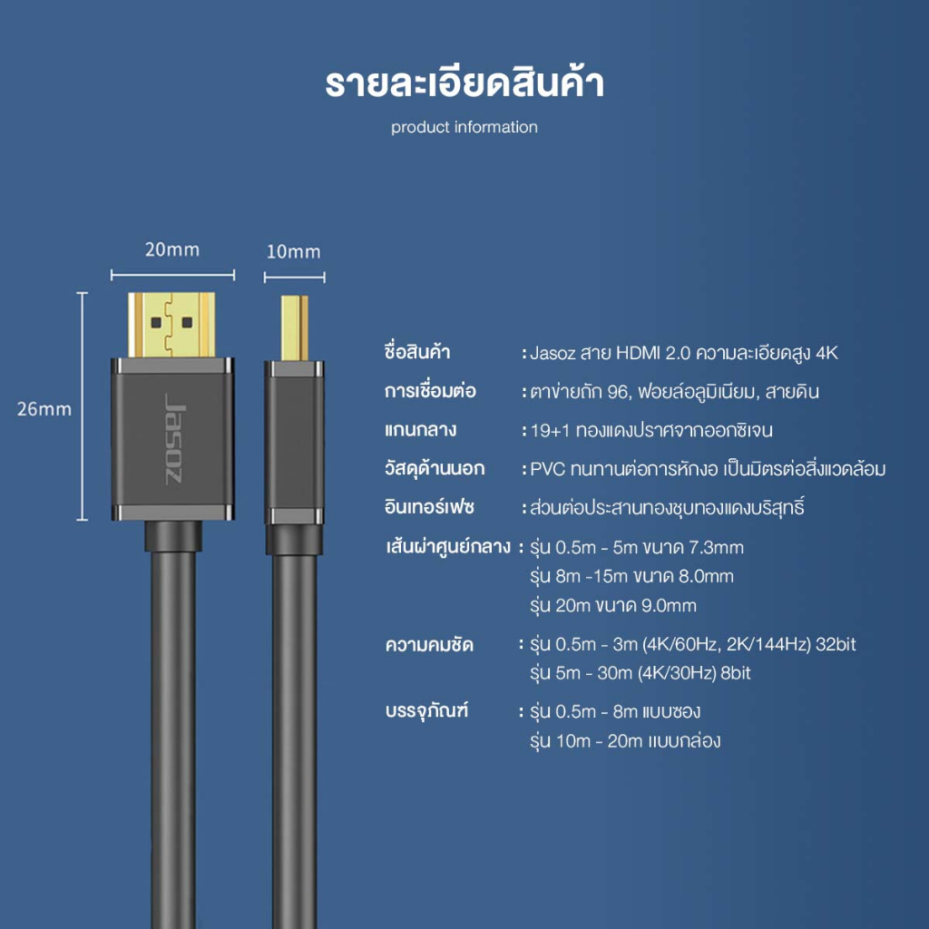 ⚡ส่งจาก กทม⚡Jasoz สาย HDMI แท้ 4K Cable 0.5m-10m ความละเอียดสูง 18Gbps