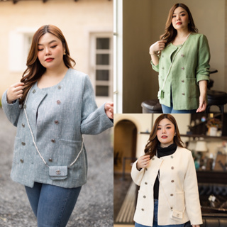 BZ46 เบลเซอร์ทวีด เขียว/ฟ้า/ครีม เสื้อผ้าพลัสไซส์ Plussize fashion ชุดคนอ้วน แฟชั่นสาวอวบ