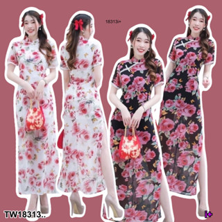 18313 ชุดเดรสกี่เพ้าแขนสั้น ทรงสอบ พิมพ์ลาย Short sleeve cheongsam dress with printed pattern