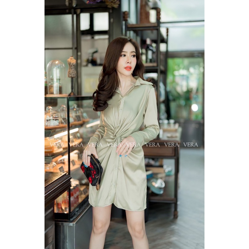 vera:เดรสเชิ้ตทวิสแขนยาวเนื้อผ้าซาตินโมนิก่าอย่างดีทรงสวย - รูปที่ 5