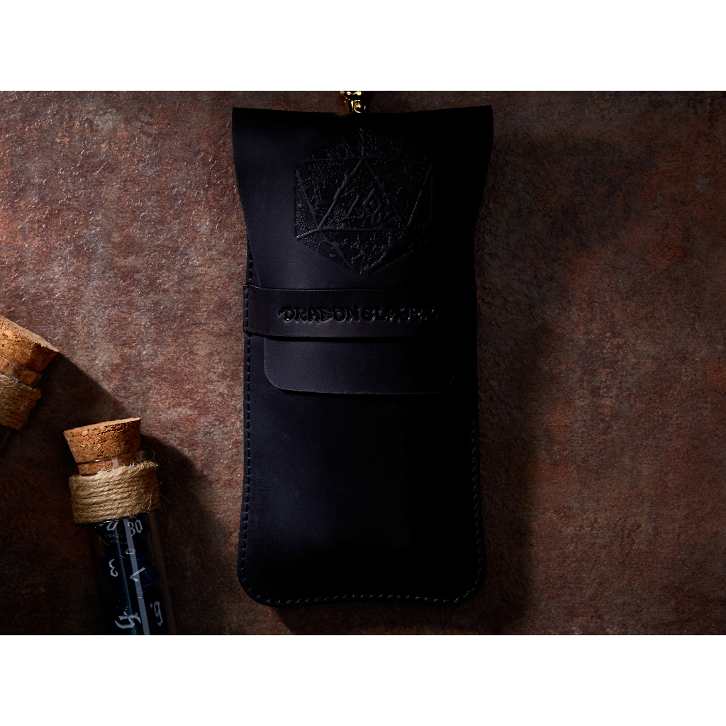 Antique D20 RPG Double Potion Bag | Large Dice Bag | Black Leather Bag With Dice Potion Flask Set | 