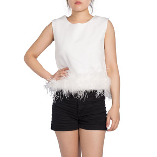 SHU APPAREL FEATHER-TRIM CROPPED TANK TOP #1 - WHITE