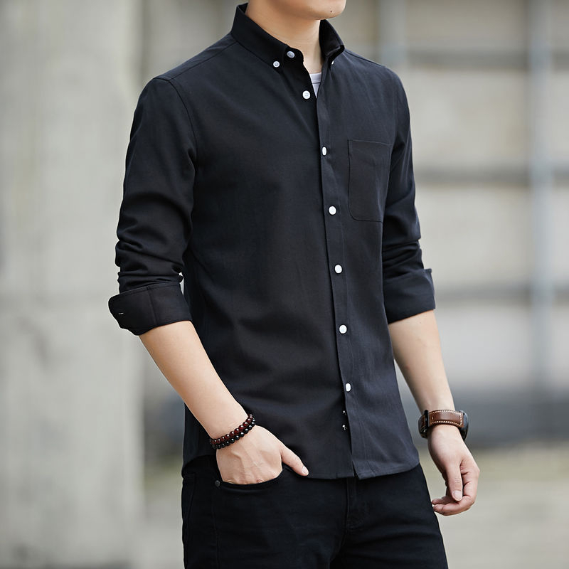 เสื้อเชิ้ตสไตล์เกาหลีผ้า Oxford เสื้อเชิ้ตผู้ชายสีพื้นแขนยาว เชิ้ตคอปกใส่ทำงาน สีขาว สีดำ สีฟ้า สีเทา สีน้ำเงิน ส่งทันที รูปที่ 3