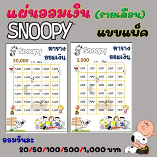 แผ่นออมเงิน(แบบแพ็ค) snoopy ออมรายเดือน วันละ 20,50,100,500,1000 บาท