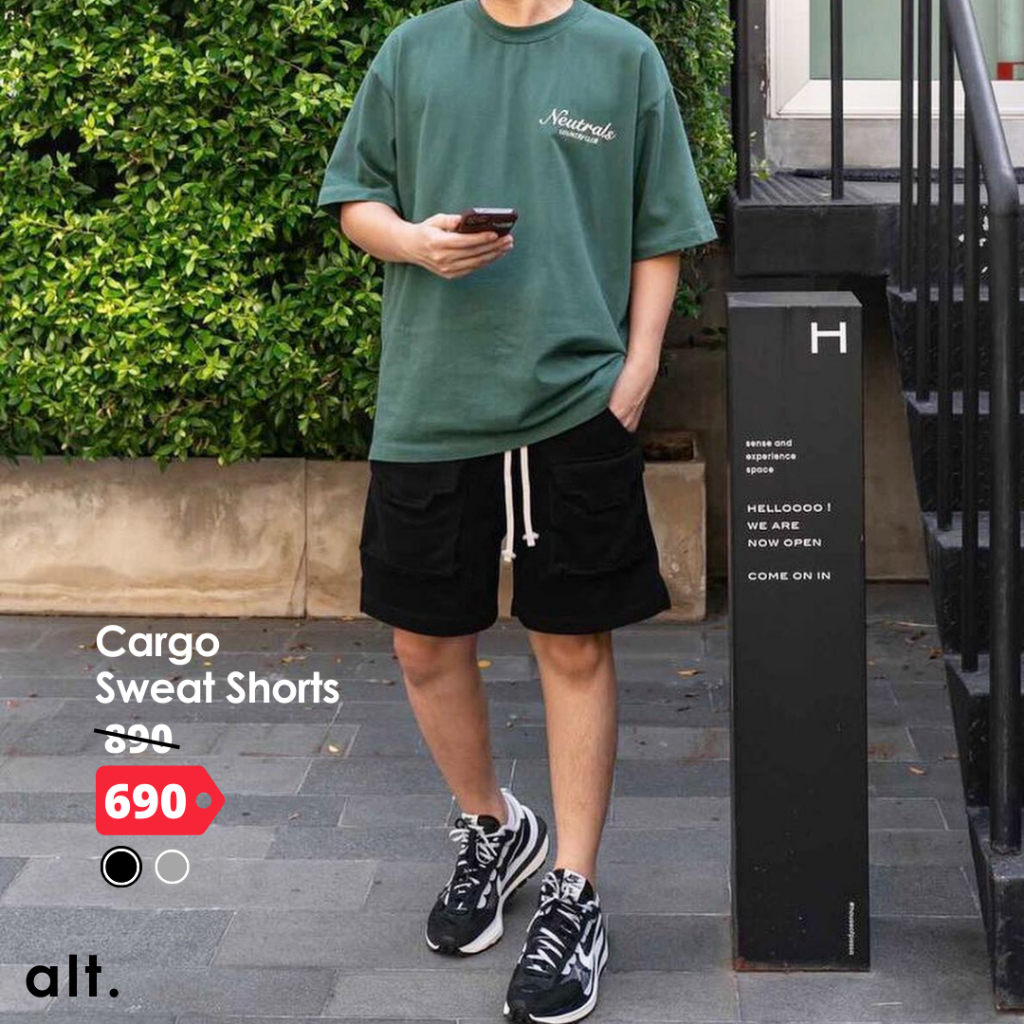 alt. กางเกงผ้าขาสั้นผู้ชาย กางเกงขาสั้น กางเกงผ้าคอตตอนพรีเมียม รุ่น Cargo Sweat Shorts (สีดำ)