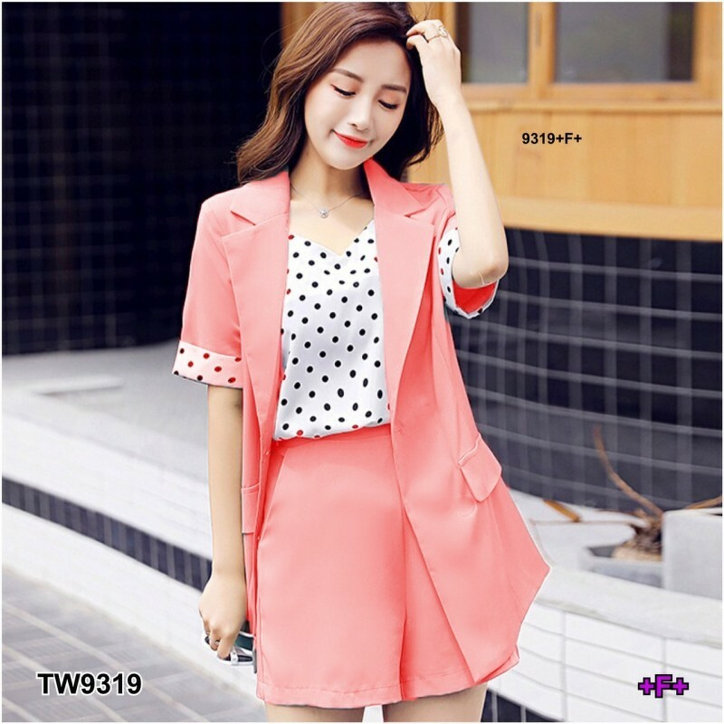 TT9319 Set 3 ชิ้น เสื้อสูท + สายเดี่ยวลายจุด+กางเกงขาสั้น	 Set 3 pieces: suit jacket + polka dot camisole + shorts - รูปที่ 3