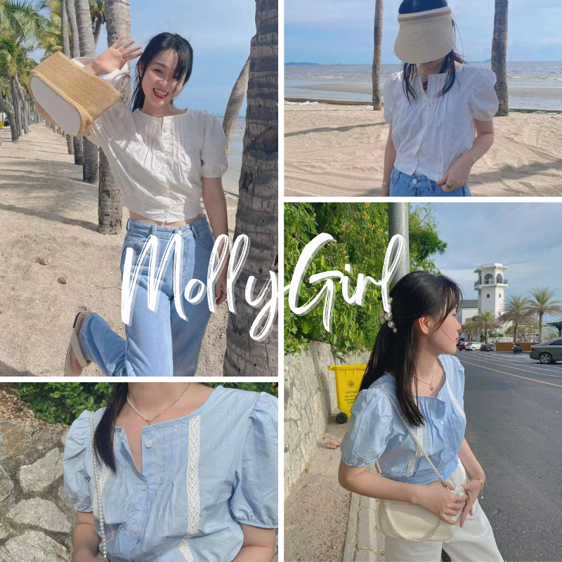 Mollygirl เทศกาลสาดน้ำ ข้อเสนอพิเศษ เสื้อสไตล์เกาหลี แขนบอลลูน เสื้อแฟชั่นผญ เสื้อครอป