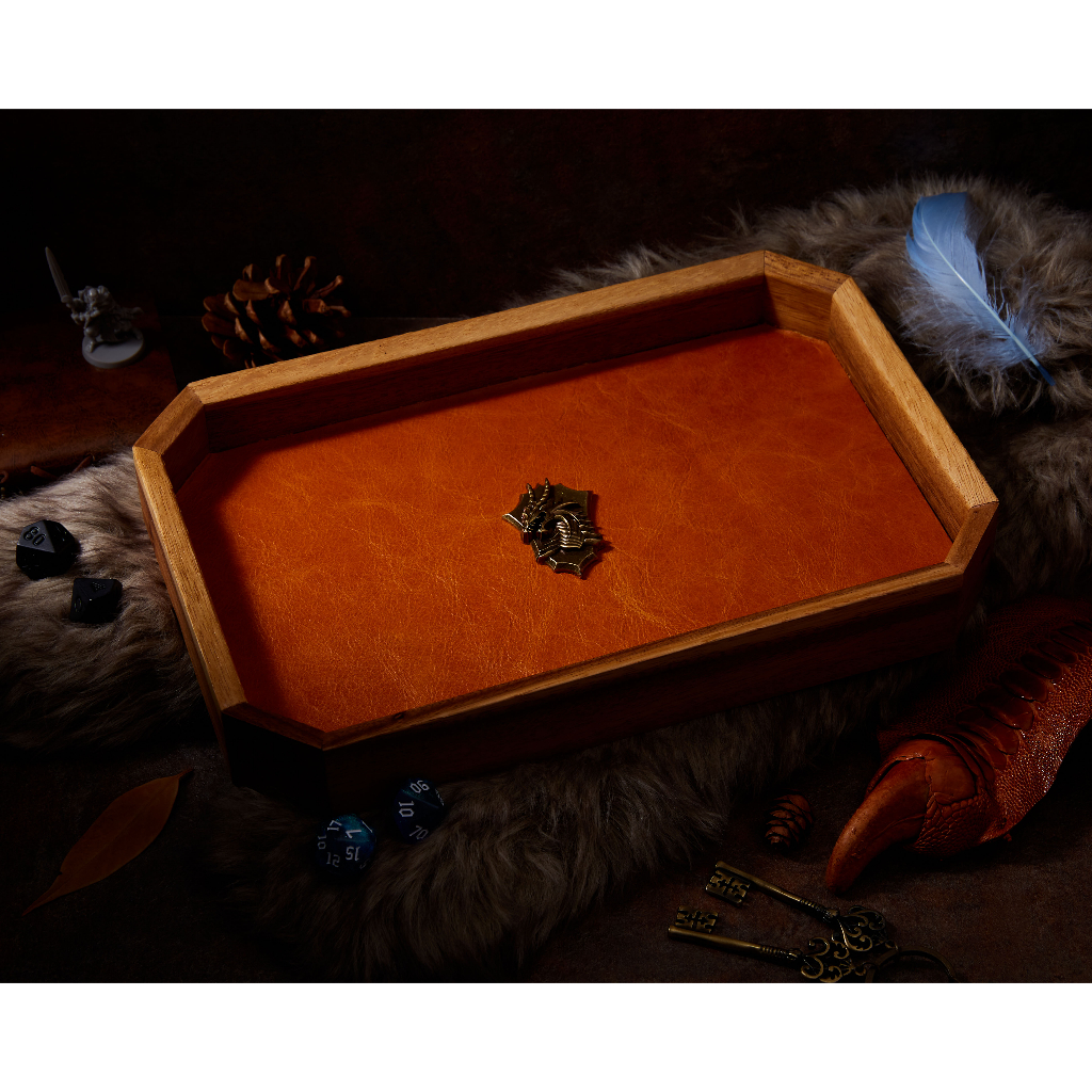 Dragon Shield Dice Tray | Tan Leather & Metal Shield Yellow Black | Octagon Dice Tray | Genuine Leat