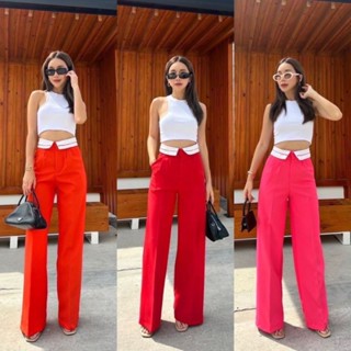 Hennah two-tone tab high waist pant กางเกงขายาวพับขอบขาว ใส่ทำงาน ป้ายpromthong