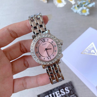 (ผ่อน0%) นาฬิกา สแตนเลสสีเงิน หน้าปัดกลมสีชมพู ล้อมคริสตัล GUESS  Stainless Steel Crystal  Model: U1062L2 หน้าปัด 34 mm.