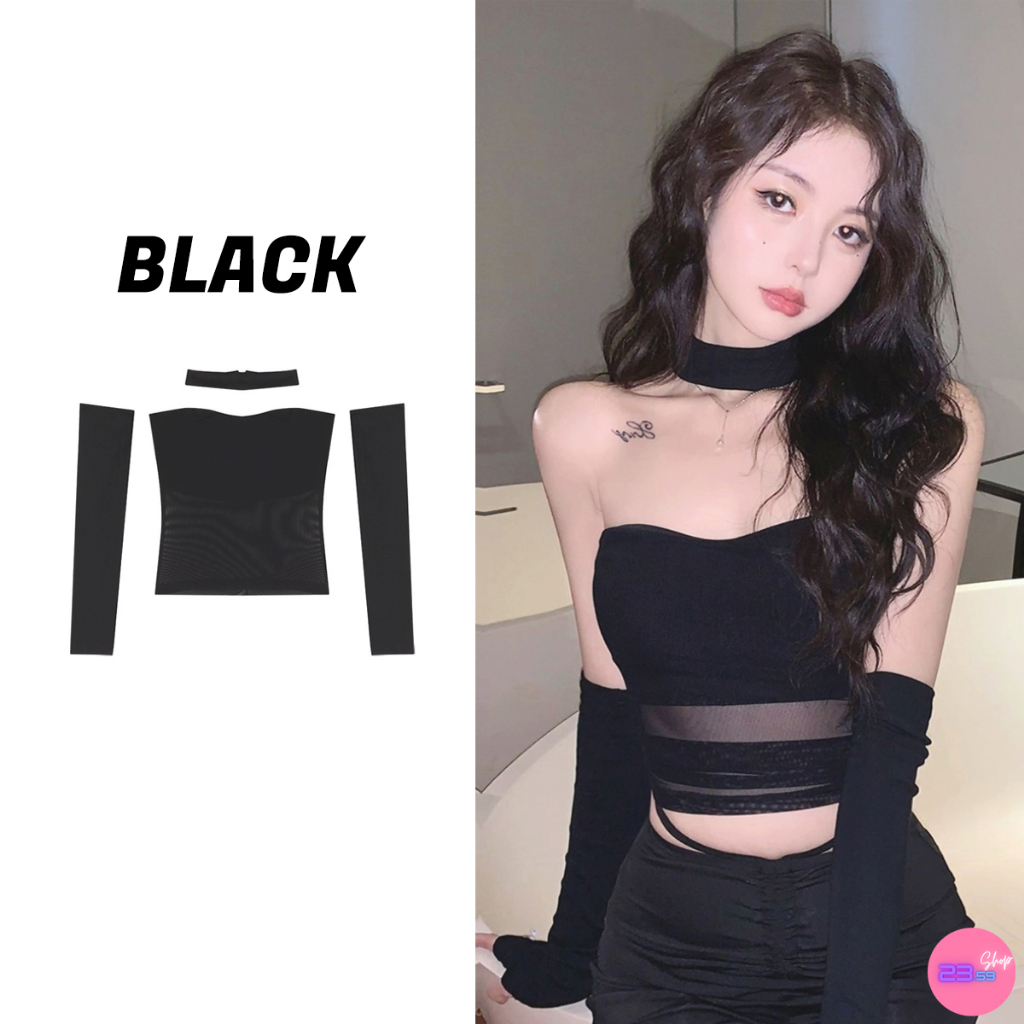 Sale80%เสื้อเกาะอกผ้าซีทรูสีดำตัวยาว มีโช้คเกอร์และปลอกแขน