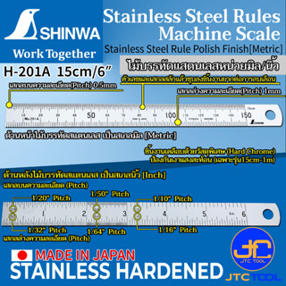 ไม้บรรทัดสแตนเลสหน่วยมิล/นิ้ว (H201A-H201E) - Stainless Steel Rule [Metric/Inch] [Brand: Shinwa]