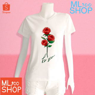 เสื้อยืดลาย ช่อดอกกุหลาบ ผ้า TK พิมพ์ลายลงในเนื้อผ้า - ML100SHOP (คอวี)