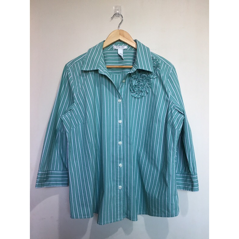 ผ้าดีมาก G H Bass & Co ไซส์ XXL อกหน้าผ้า 48 นิ้ว แต่ง corsage หายาก เสื้อเชิ้ต ลายร่อง cotton strip