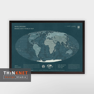 กรอบแผนที่โลกโมเดิร์น: มอลล์ไวด์ โปรเจกชัน-ดาร์ก โมโนโทน Modern World Map: Mollweide Projection-Dark Monotone