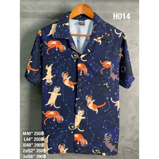 🚨 พร้อมส่ง ส่งด่วน 🚨ไม่ยับ ไม่ร้อน ไม่ต้องรีด เสื้อHawaii ฮาวายแขนสั้น ไซส์จัมโบ้ ไซส์ใหญ่ ลายแมวอวกาศพื้นกรม H014