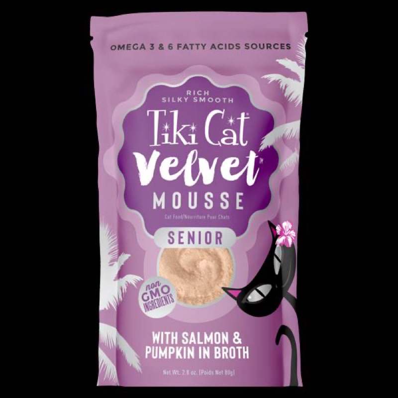 อาหารแมวเปียก เนื้อมูส Tiki Cat Velvet Mousse อาหารแมวมูสรสปลาแซลมอนและฟักทองในน้ำซุป 80 กรัม/ซอง