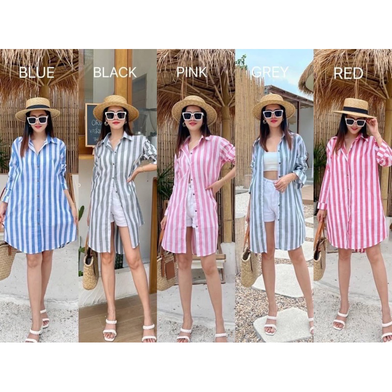 Mini dress shirt เดรสเชิ้ตลายริ้ว เสื้อคอปกแขนยาว ใส่คลุม ใส่เที่ยว