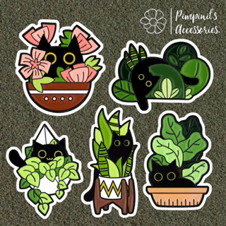 ʕ •ᴥ•ʔ ✿ พร้อมส่ง : เข็มกลัดเซ็ทแมวดำ,ดอกไม้และต้นไม้ | Black Cat, Flower &amp; Plant Enamel Brooch Pin Set.