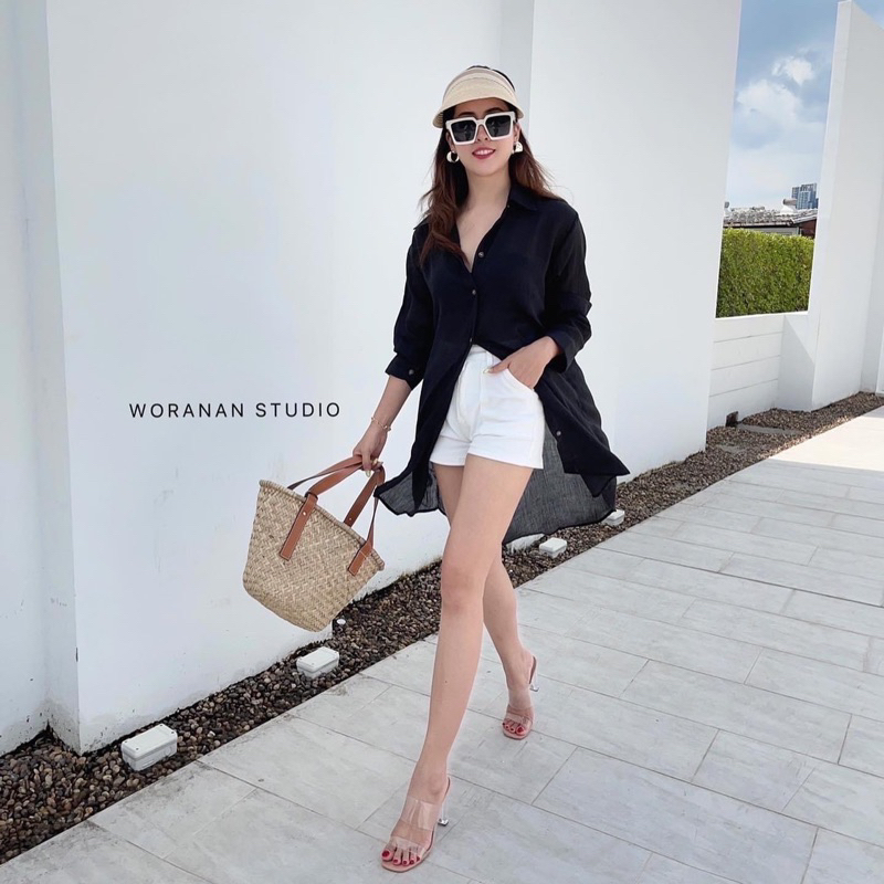 mini dress shirt เดรสเชิ้ตทรงพริ้วยาว คอปก เสื้อเชิ้ตยาว กระดุมหน้า ปลายชายเสื้อเว้าทั้งสองข้าง - รูปที่ 7