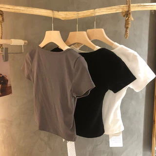 PX เสื้อครอปแขนสั้น เสื้อเข้ารูปผู้หญิง ทรงเข้ารูป คอเหลี่ยม กระชับ ผ้านิ่มใส่สบาย