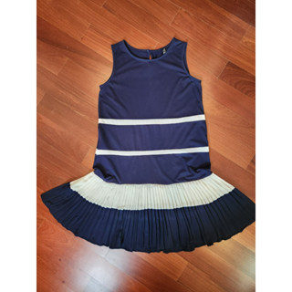 เดรส พลีท แขนกุด สีน้ำเงิน ผ้ายืด ผ้าพลีส กระโปรงบาน มือสอง มือ 2 Pleat Dress Navy Blue