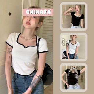 oninaka เสื้อไหมพรมคอเหลี่ยมเล่นสีตัดขอบน่ารัก เสื้อแฟชั่นผญ 7730-1#