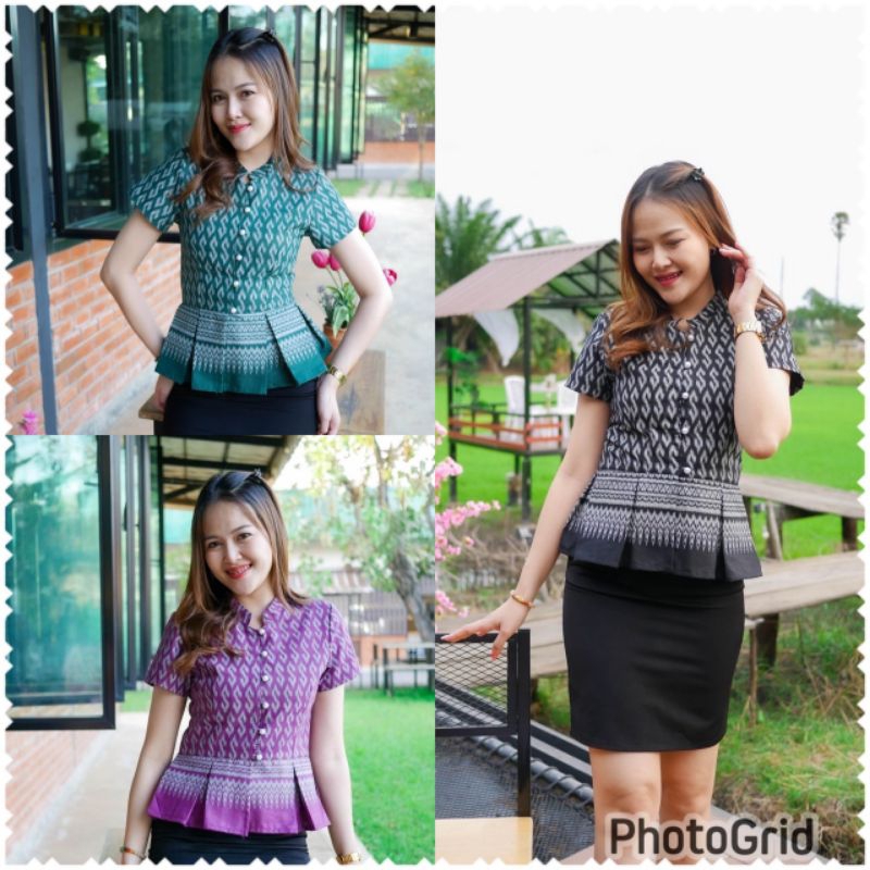 เสื้อลายไทยสีดำลายตะขอใส่ทำงาน