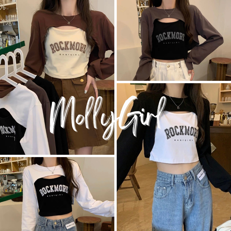 mollygirl เสื้อเซต 2 ชิ้น สไตส์Y2K เสื้อแขนยาว เสื้อแฟชั่นผญ